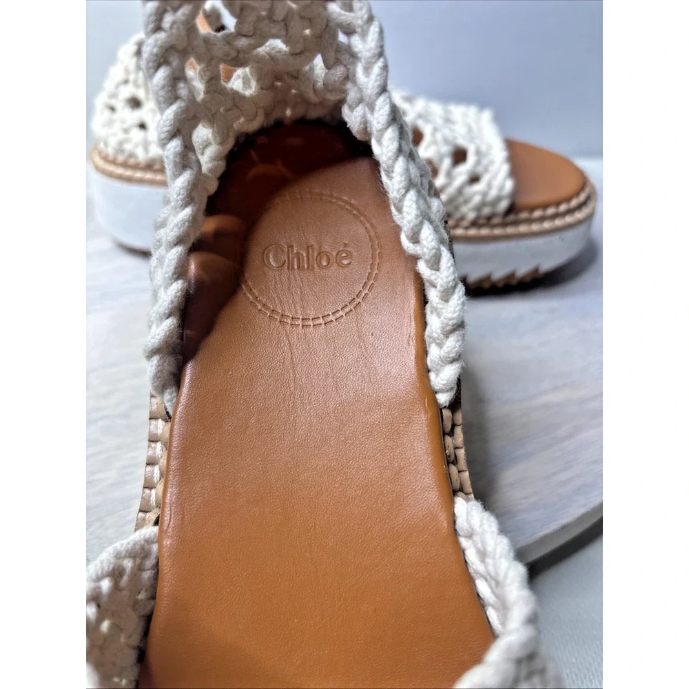 Chloé Crochet Platform Sandals Size 37 US 7 White Leather Ankle Strap Wedge - Picture 10 of 12
